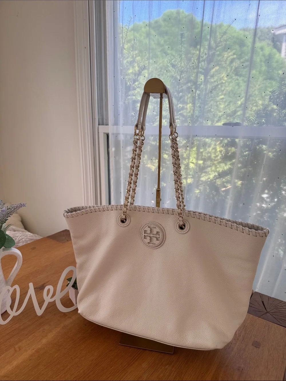 Tory Burch White Leather Chain-Handle Tote with
